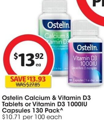 Coles Ostelin Calcium & Vitamin D3 Tablets or Vitamin D3 1000IU Capsules 130 Pack^ offer