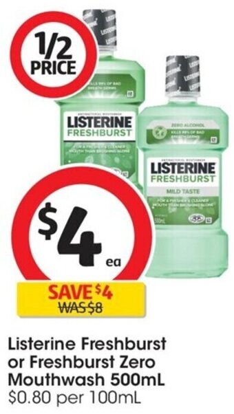 Coles Listerine Freshburst or Freshburst Zero Mouthwash 500mL offer
