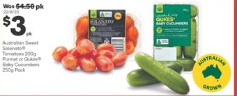 Woolworths Australian Sweet Solanato® Tomatoes 200g Punnet or Qukes® Baby Cucumbers 250g Pack offer