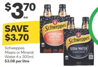 Woolworths Schweppes Mixers or Mineral Water 4 x 300ml offer