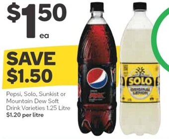 Woolworths Pepsi, Solo, Sunkist or Mountain Dew Soft Drink Varieties 1.25 Litre offer
