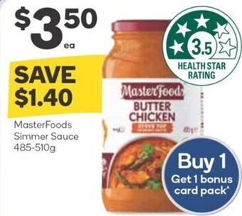Woolworths MasterFoods Simmer Sauce 485-510g offer