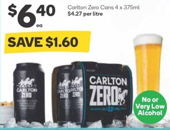 Woolworths Carlton Zero Cans 4 x 375ml offer