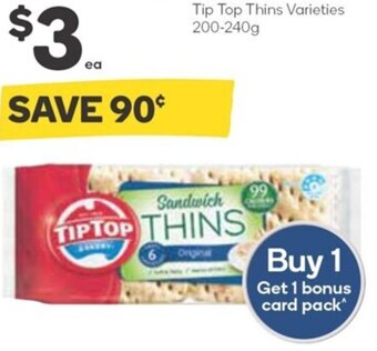 Woolworths Tip Top Thins Varieties 200-240g offer