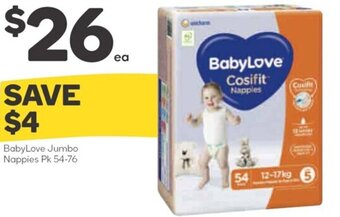 Woolworths BabyLove Jumbo Nappies Pk 54-76 offer