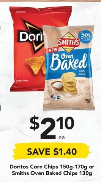 Doritos Corn Chips 150g-170g or Smiths Oven Baked Chips 130g
