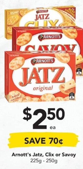 Drakes Arnott's Jatz, Clix or Savoy 225g-250g offer