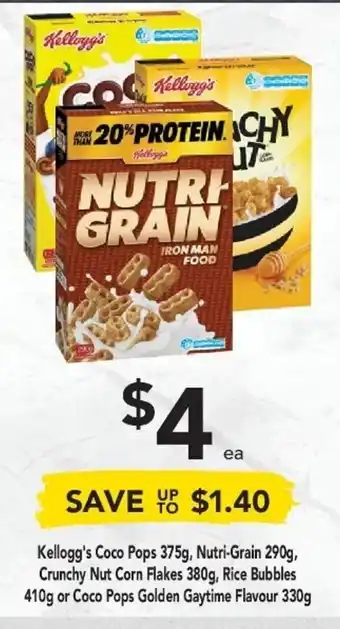 Drakes Kellogg's Coco Pops 375g, Nutri-Grain 290g, Crunchy Nut Corn Flakes 380g, Rice Bubbles 410g or Coco Pops Golden Gaytime 330g offer