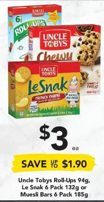 Drakes Uncle Tobys Roll-Ups 94g, Le Snak 6 pack 132g or Muesli Bars 6 Pack 185g offer