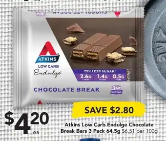 Atkins Low Carb Endulge Chocolate Break Bars 3 Pack 64.5g