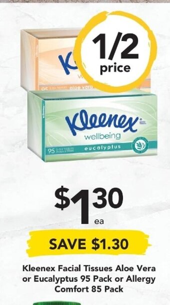 Drakes Kleenex Facial Tissues Aloe Vera or Eucalyptus 95 Pack or Allergy Comfort 85 Pack offer