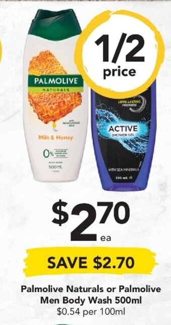 Drakes Palmolive Naturals or Palmolive Men Body Wash 500ml offer
