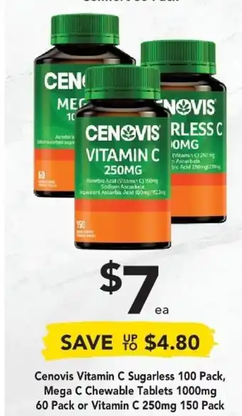 Drakes Cenovis Vitamin C Sugarless 100 Pack, Mega C Chewable Tablets 1000mg 60 Pack or Vitamin C 250mg 150 Pack offer