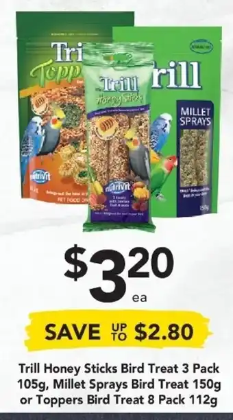 Trill Honey Sticks Bird Treat 3 Pack 105g, Millet Sprays Bird Treat 150g or Toppers Bird Treat 8 Pack 112g