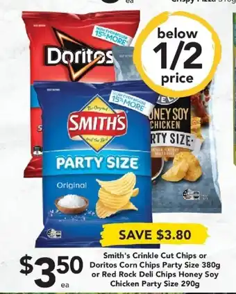 Drakes Smith's Crinkle Cut Chips or Doritos Corn Chips Party Size 380g or Red Rock Deli Chips Honey Soy Chicken Party Size 290g offer