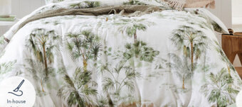 Pillow Talk Flinders Palm quilt cover set by M.U.S.E. Cotton. offer