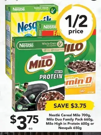 Drakes Nestle Cereal Milo 700g, Milo Duo Family Pack 660g, Milo High in Protein 600g or Nesquik 650g offer