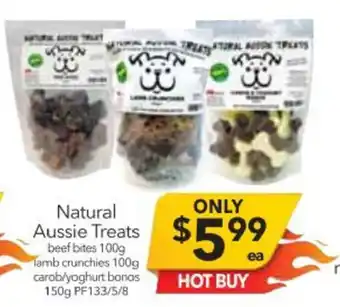 Cheap as Chips Natural Aussie Treats Beef Bites 100g, Lamb Crunchies 100g, Carob/Yoghurt Bonas 150g offer