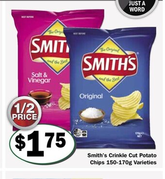 Friendly Grocer Smith's Crinkle Cut Potato Chips 150-170g Varieties offer