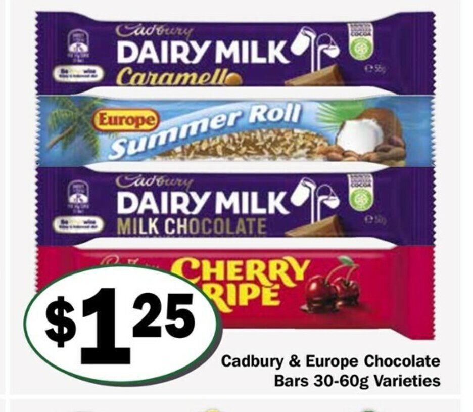 Cadbury & Europe Chocolate Bars 3060g Varieties offer at Friendly Grocer