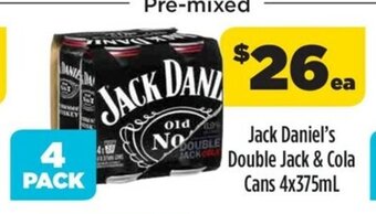 Liquorland Jack Daniel's Double Jack & Cola Cans 4x375mL offer
