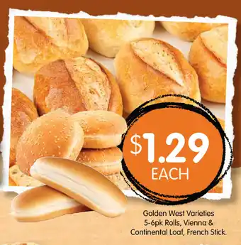 Spudshed Golden West Varieties 5-6pk Rolls, Vienna & Continental Loaf, French Stick offer