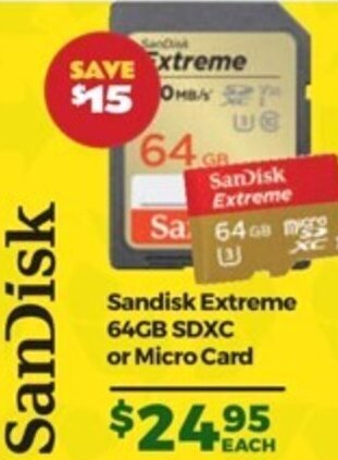Teds Cameras Sandisk Extreme 64GB SDXC or Micro Card offer