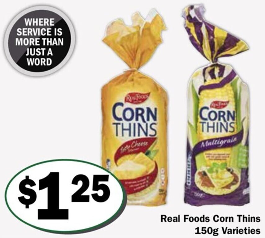 Real Foods Corn Thins 150g Varieties offer at Friendly Grocer