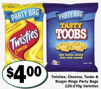 Friendly Grocer Twisties, Cheetos, Toobs & Burger Rings Party Bags 125-270g Varieties offer