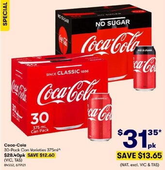BIG W Coca-Cola 30-Pack Can Varieties 375ml offer