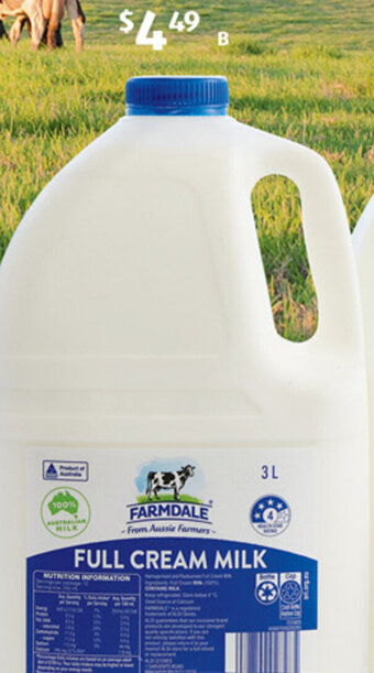 ALDI B Farmdale Full Cream Milk 3L offer