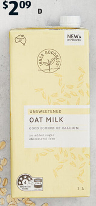 ALDI D Inner Goodness UHT Unsweetened Oat Milk 1L offer