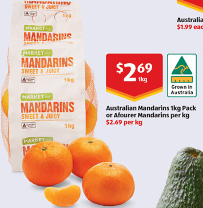 Australian Mandarins 1kg Pack or Afourer Mandarins per kg offer at ALDI
