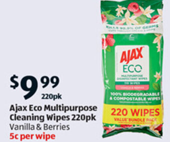 ALDI Ajax Eco Multipurpose Cleaning Wipes 220pk Vanilla & Berries offer