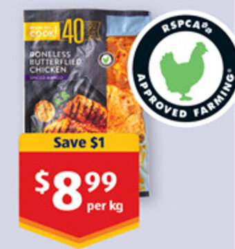 ALDI Ready, Set...Cook! Boneless Butterflied RSPCA Approved Chicken per kg Spiced Mango or Greek Style offer