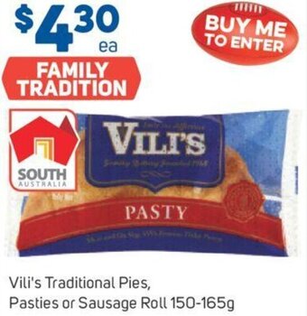 Foodland Vili's Traditional Pies, Pasties or Sausage Roll 150-165g offer