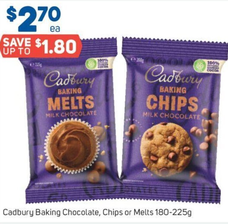 Cadbury Baking Chocolate, Chips or Melts 180225g offer at Foodland
