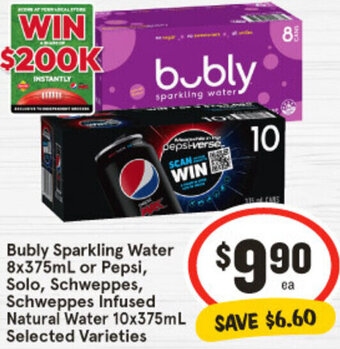 IGA Bubly Sparkling Water 8x375mL or Pepsi, Solo, Schweppes, Schweppes Infused Natural Water 10x375mL Selected Varieties offer