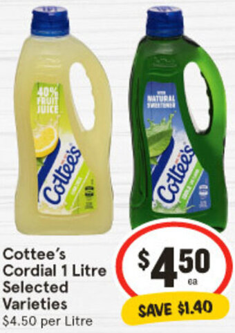 IGA Cottee's Cordial 1 Litre Selected Varieties offer