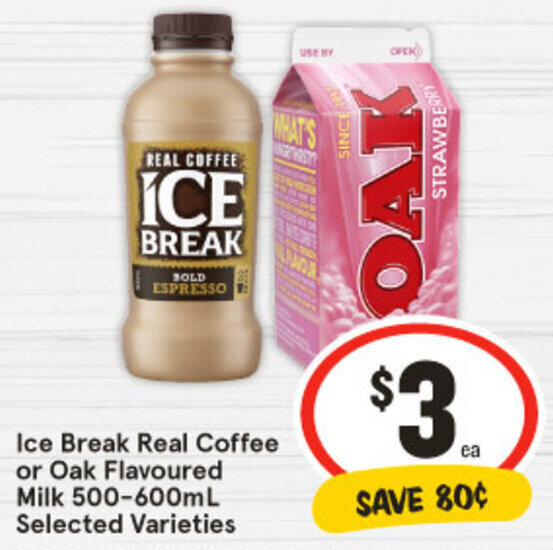 Ice Break Real Coffee or Oak Flavoured Milk 500600mL Selected Varieties offer at IGA