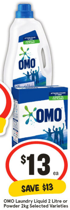IGA OMO Laundry Liquid 2 Litre or Powder 2kg Selected Varieties offer