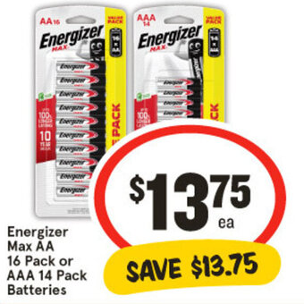 IGA Energizer Max AA 16 Pack or AAA 14 Pack Batteries offer
