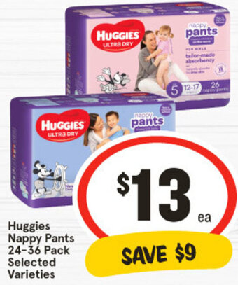 IGA Huggies Nappy Pants 24-36 Pack Selected Varieties offer