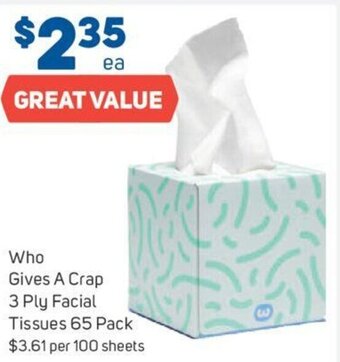Foodland Who Gives A Crap 3 Ply Facial Tissues 65 Pack offer