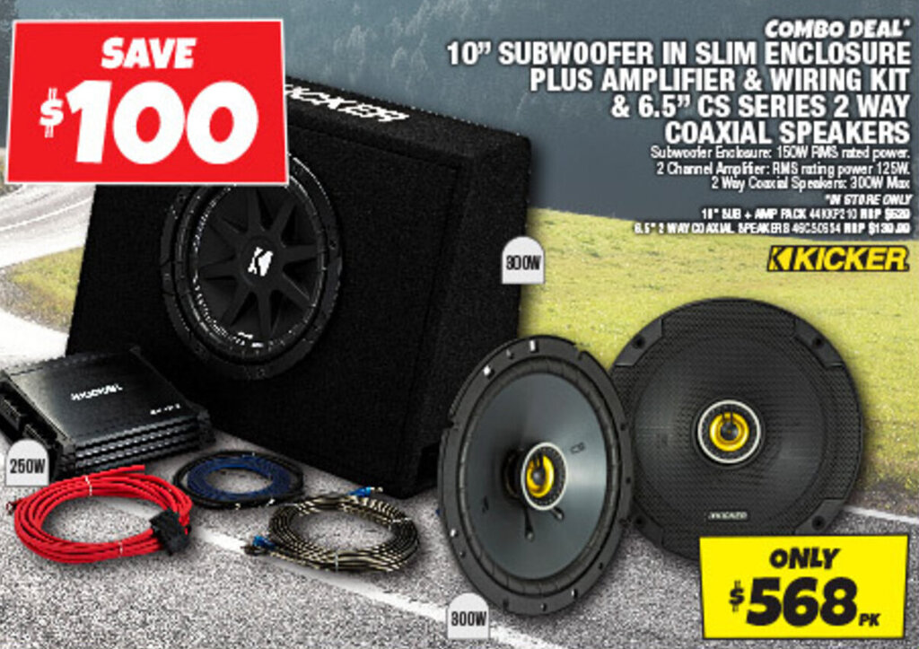 10" SUBWOOFER IN SLIM ENCLOSURE PLUS AMPLIFIER & WIRING KIT & 6.5" CS