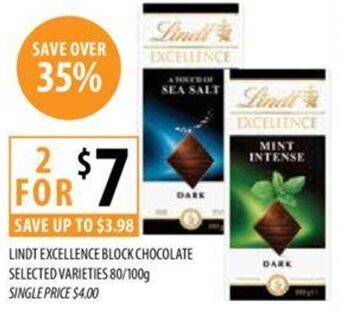 Supabarn LINDT EXCELLENCE BLOCK CHOCOLATE SELECTED VARIETIES 80/100g offer
