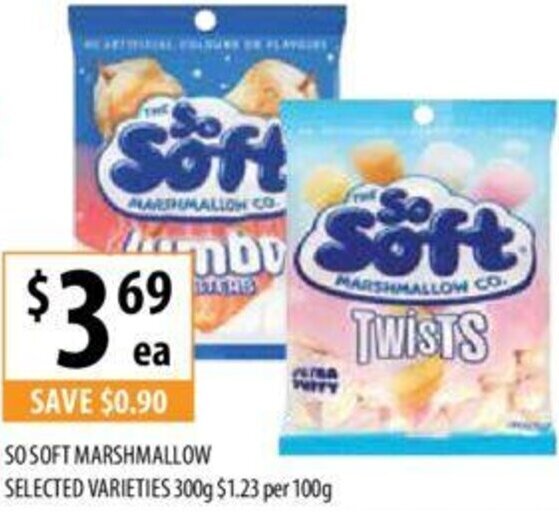 SO SOFT MARSHMALLOW SELECTED VARIETIES 300g offer at Supabarn