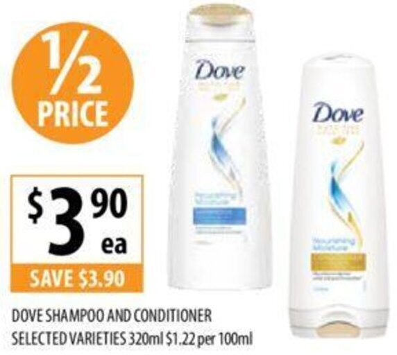 DOVE SHAMPOO AND CONDITIONER SELECTED VARIETIES 320ml offer at Supabarn