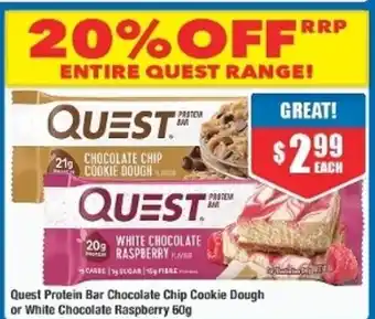 Chemist Warehouse Quest Protein Bar Chocolate Chip Cookies Dough or White Chocolate Raspberry 60g offer