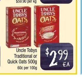 Farmer Jack's Uncle Tobys Traditional or Quick Oats 500g offer